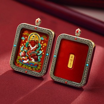 Mooras Handcrafted 3D Thangka Pendant Necklace | Tibetan-Style Yellow Jambhala Amulet (Ga Wu Box)