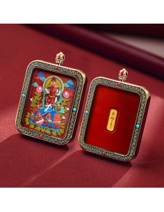 Mooras Handcrafted 3D Thangka Pendant Necklace | Tibetan-Style Green Tara Amulet (Ga Wu Box)