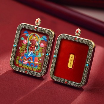 Mooras Handcrafted 3D Thangka Pendant Necklace | Tibetan-Style Green Tara Amulet (Ga Wu Box)