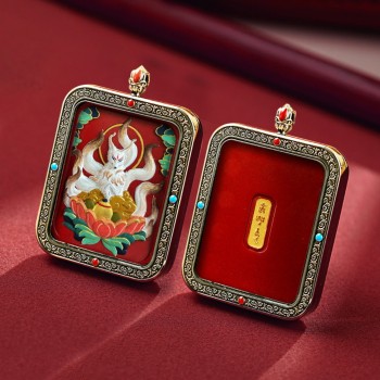 Mooras Handcrafted 3D Thangka Pendant Necklace | Tibetan-Style Fox Deity Amulet (Ga Wu Box)