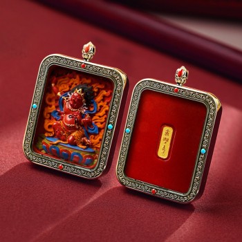 Mooras Handcrafted 3D Thangka Pendant Necklace | Tibetan-Style Acala (Fudo Myo-o) Amulet (Ga Wu Box)
