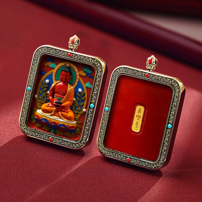 Mooras Handcrafted 3D Thangka Pendant Necklace | Tibetan-Style Amitabha Buddha Amulet (Ga Wu Box)