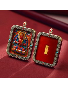 Mooras Handcrafted 3D Thangka Pendant Necklace | Tibetan-Style Four-Armed Avalokiteshvara Amulet (Ga Wu Box)