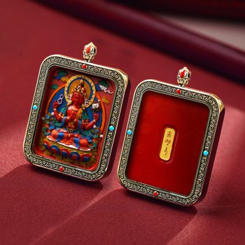 Mooras Handcrafted 3D Thangka Pendant Necklace | Tibetan-Style Four-Armed Avalokiteshvara Amulet (Ga Wu Box)