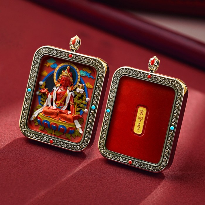 Mooras Handcrafted 3D Thangka Pendant Necklace | Tibetan-Style Mahasthamaprapta Amulet (Ga Wu Box)
