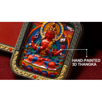 Mooras Hand-painted 3D Thangka Pendant Necklace | Tibetan Buddha Four-Armed Avalokiteshvara Amulet (Ga Wu Box)
