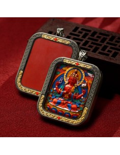 Mooras Hand-painted 3D Thangka Pendant Necklace | Tibetan Buddha Four-Armed Avalokiteshvara Amulet (Ga Wu Box)