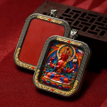 Mooras Hand-painted 3D Thangka Pendant Necklace | Tibetan Buddha Four-Armed Avalokiteshvara Amulet (Ga Wu Box)