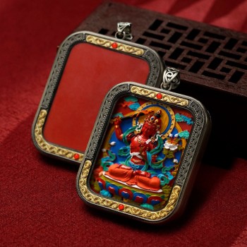 Mooras Hand-painted 3D Thangka Pendant Necklace | Tibetan Buddha Manjushri Bodhisattva Amulet (Ga Wu Box)
