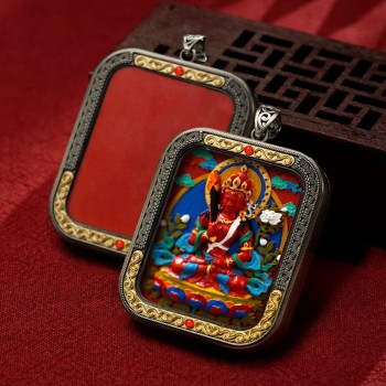 Mooras Hand-painted 3D Thangka Pendant Necklace | Tibetan Buddha Manjushri Bodhisattva Amulet (Ga Wu Box)
