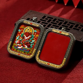 Mooras Hand-painted 3D Thangka Pendant Necklace | Tibetan Buddha Yellow Jambhala Amulet (Ga Wu Box)