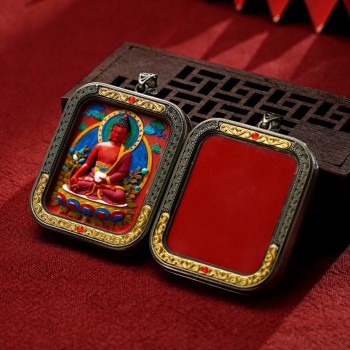 Mooras Hand-painted 3D Thangka Pendant Necklace | Tibetan Buddha Medicine Buddha Amulet (Ga Wu Box)