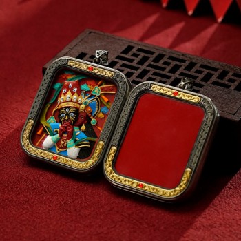 Mooras Hand-painted 3D Thangka Pendant Necklace | Tibetan Buddha Zakiram Amulet (Ga Wu Box)