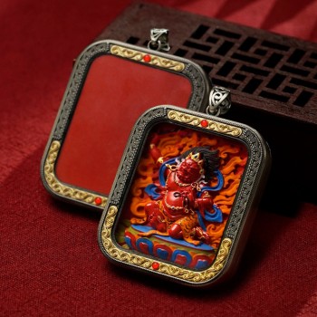 Mooras Hand-painted 3D Thangka Pendant Necklace | Tibetan Buddha Acala (Fudo Myoo) Amulet (Ga Wu Box)