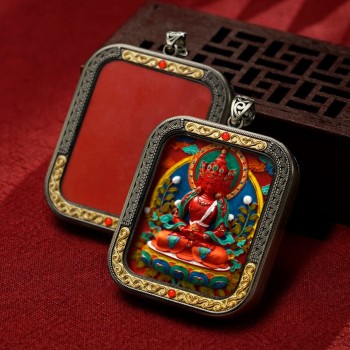 Mooras Hand-painted 3D Thangka Pendant Necklace | Tibetan Buddha Vairocana Amulet (Ga Wu Box)