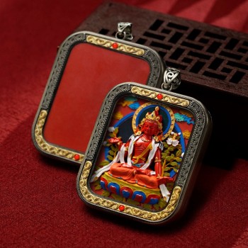 Mooras Hand-painted 3D Thangka Pendant Necklace | Tibetan Buddha Mahasthamaprapta Bodhisattva Amulet (Ga Wu Box)