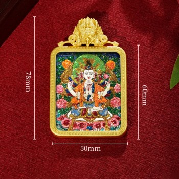 Mooras Handmade Colored Sand Brass Thangka Pendant Necklace | Tibetan Buddha Amulet