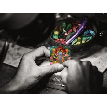Mooras Handmade Colored Sand Brass Thangka Pendant Necklace | Tibetan Buddha Amulet