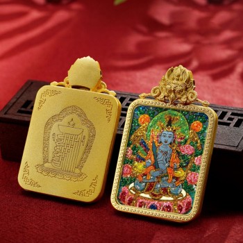 Mooras Handmade Colored Sand Brass Thangka Pendant Necklace | Tibetan Buddha Amulet