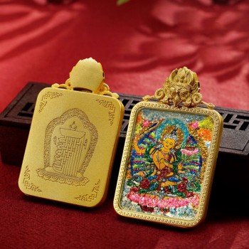 Mooras Handmade Colored Sand Brass Thangka Pendant Necklace | Tibetan Buddha Amulet