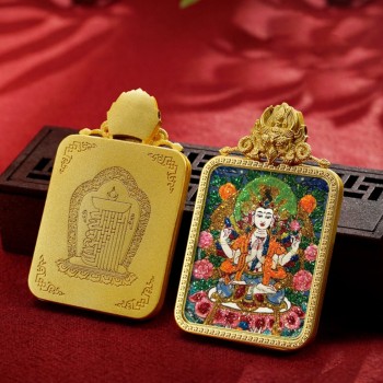 Mooras Handmade Colored Sand Brass Thangka Pendant Necklace | Tibetan Buddha Amulet
