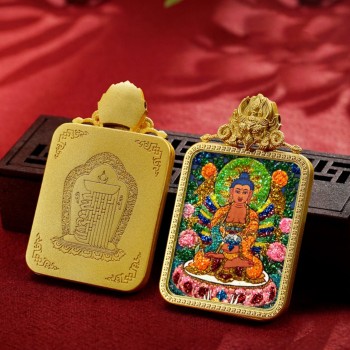Mooras Handmade Colored Sand Brass Thangka Pendant Necklace | Tibetan Buddha Amulet