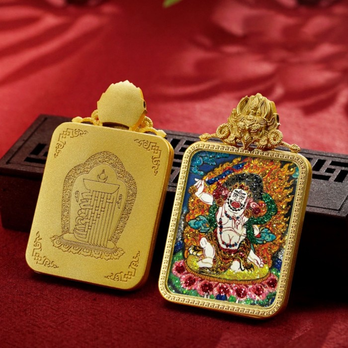 Mooras Handmade Colored Sand Brass Thangka Pendant Necklace | Tibetan Buddha Amulet