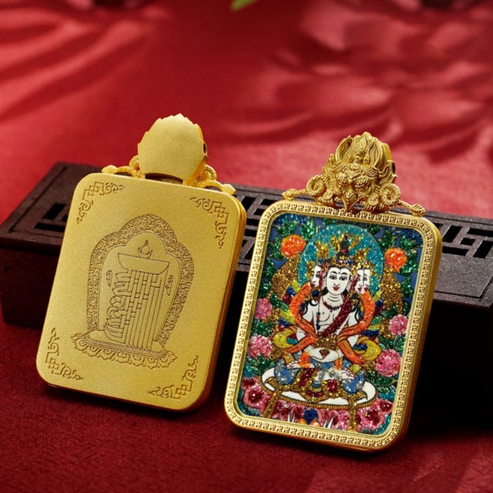 Mooras Handmade Colored Sand Brass Thangka Pendant Necklace | Tibetan Buddha Amulet