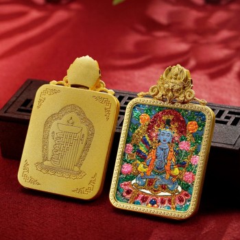 Mooras Handmade Colored Sand Brass Thangka Pendant Necklace | Tibetan Buddha Amulet