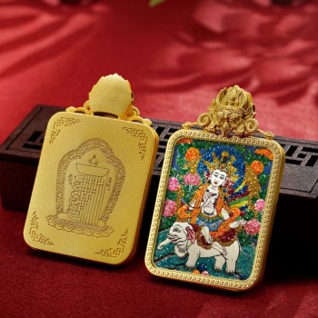 Mooras Handmade Colored Sand Brass Thangka Pendant Necklace | Tibetan Buddha Amulet