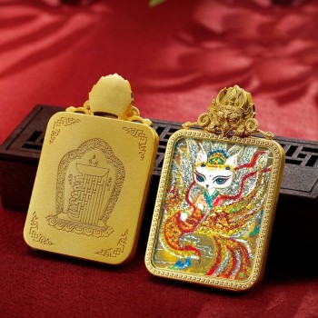 Mooras Handmade Colored Sand Brass Thangka Pendant Necklace | Tibetan Buddha Amulet
