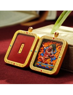 Hand-Painted 3D Thangka Buddha Acala (Fudo Myo-o) Red Sand Brass Pendant Necklace (Ga Wu Box)