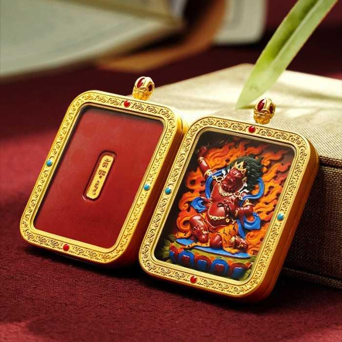 Hand-Painted 3D Thangka Buddha Acala (Fudo Myo-o) Red Sand Brass Pendant Necklace (Ga Wu Box)