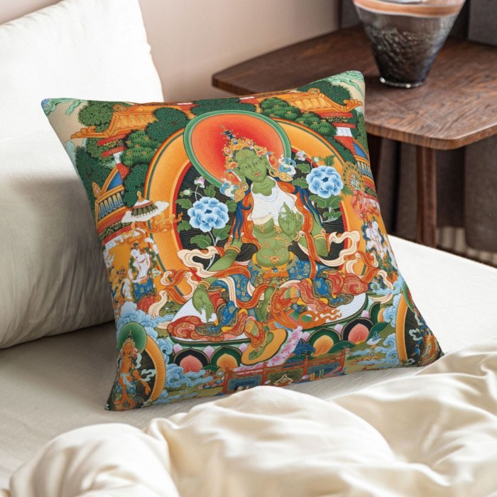Mooras Tibetan Thangka Buddha Green Tara Cushion Cover