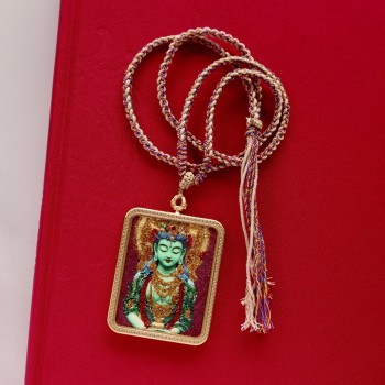 Mooras Hand-painted 3D Thangka Pendant Necklace | Tibetan Green Tara Amulet
