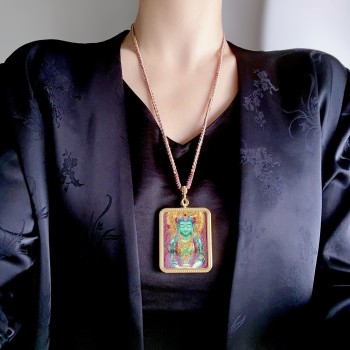Mooras Hand-painted 3D Thangka Pendant Necklace | Tibetan Green Tara Amulet