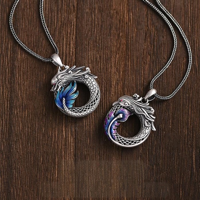 Handcrafted 999.9 Sterling Silver Skeletonized Chinese Dragon & Phoenix Pendant Necklace for Couple