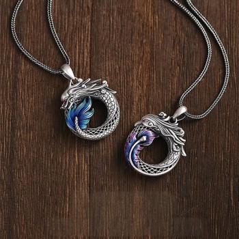 Handcrafted 999.9 Sterling Silver Skeletonized Chinese Dragon & Phoenix Pendant Necklace for Couple