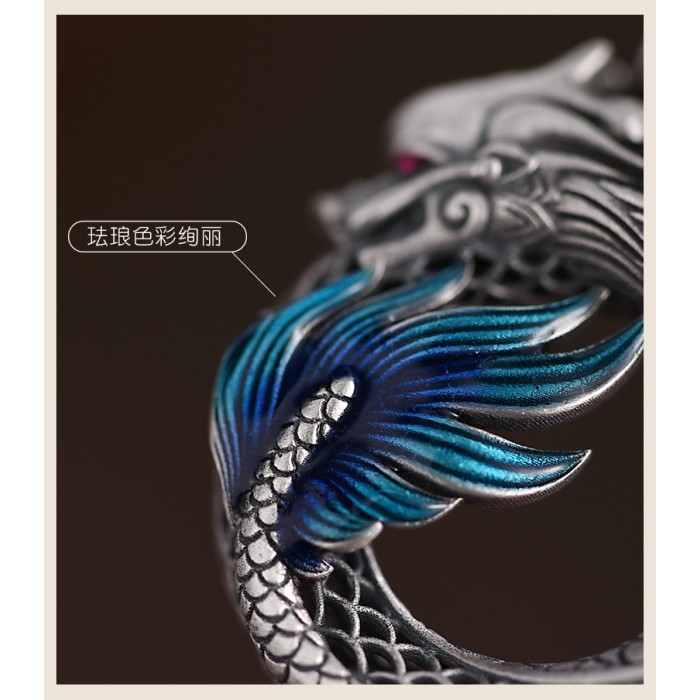 Handcrafted 999.9 Sterling Silver Skeletonized Chinese Dragon & Phoenix Pendant Necklace for Couple
