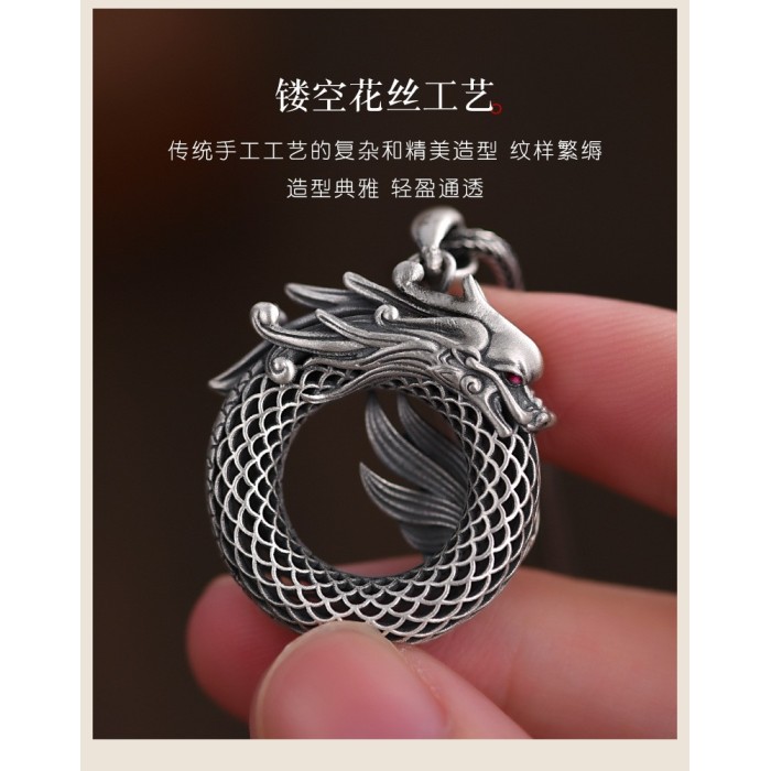Handcrafted 999.9 Sterling Silver Skeletonized Chinese Dragon & Phoenix Pendant Necklace for Couple