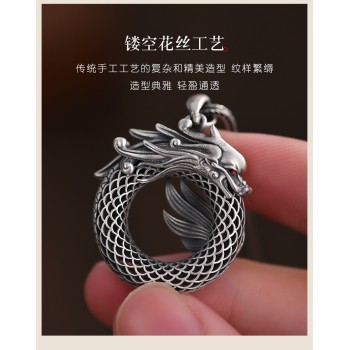 Handcrafted 999.9 Sterling Silver Skeletonized Chinese Dragon & Phoenix Pendant Necklace for Couple