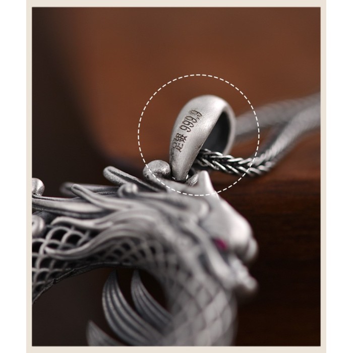 Handcrafted 999.9 Sterling Silver Skeletonized Chinese Dragon & Phoenix Pendant Necklace for Couple