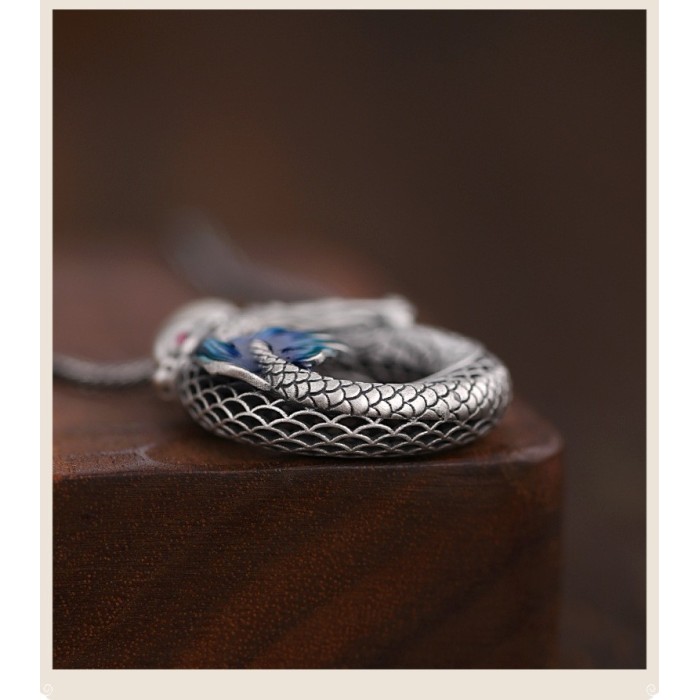Handcrafted 999.9 Sterling Silver Skeletonized Chinese Dragon & Phoenix Pendant Necklace for Couple