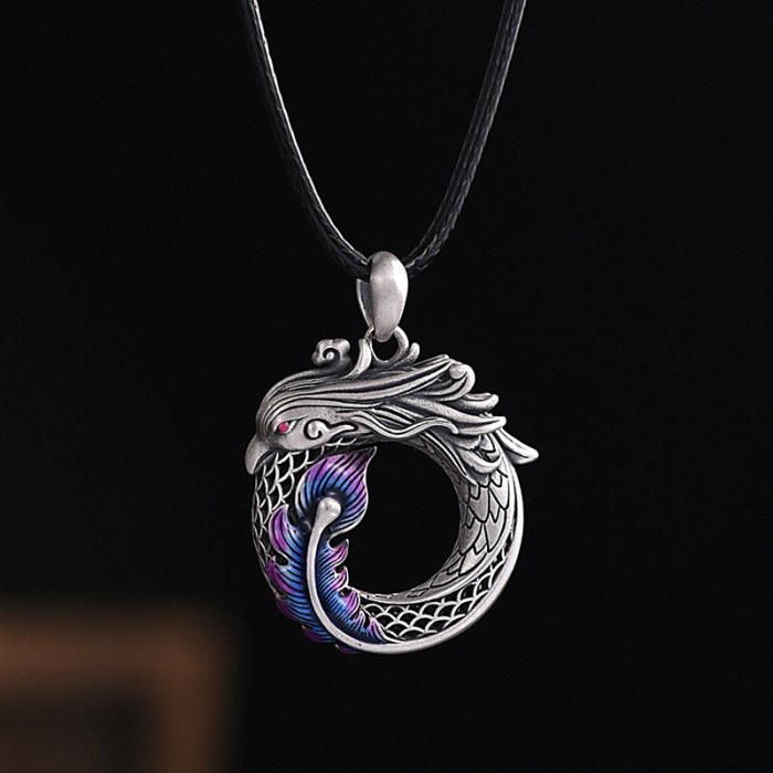 Handcrafted 999.9 Sterling Silver Skeletonized Chinese Dragon & Phoenix Pendant Necklace for Couple