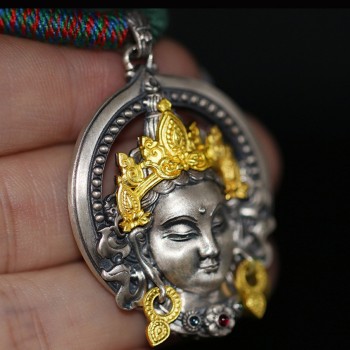 Boutique Handcrafted Sterling Silver Tibetan Buddhist Green Tara Pendant with Gemstone