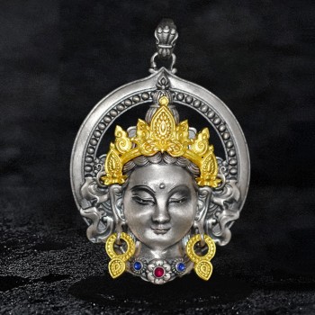 Boutique Handcrafted Sterling Silver Tibetan Buddhist Green Tara Pendant with Gemstone