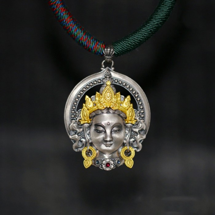 Boutique Handcrafted Sterling Silver Tibetan Buddhist Green Tara Pendant with Gemstone