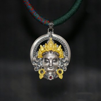 Boutique Handcrafted Sterling Silver Tibetan Buddhist Green Tara Pendant with Gemstone