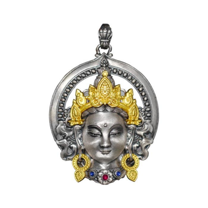 Boutique Handcrafted Sterling Silver Tibetan Buddhist Green Tara Pendant with Gemstone