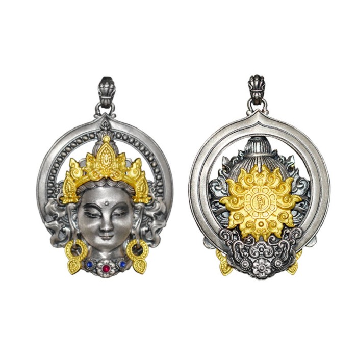 Boutique Handcrafted Sterling Silver Tibetan Buddhist Green Tara Pendant with Gemstone